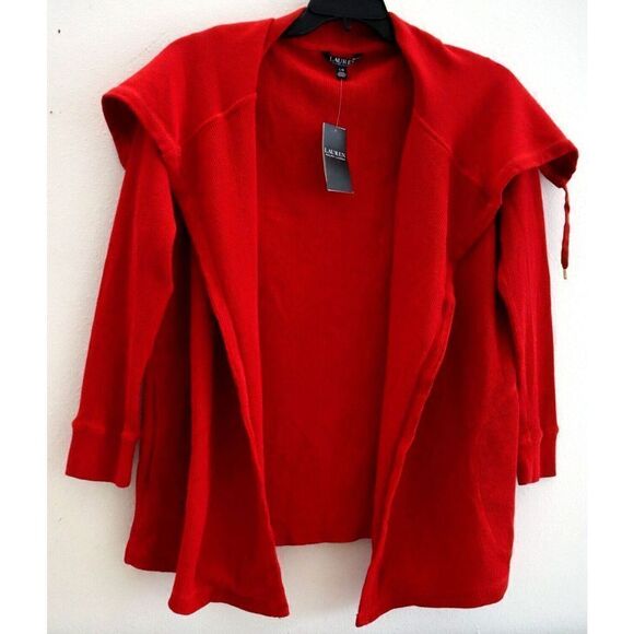 Lauren Ralph Lauren Women Sz L Red Thermal Waffle-Knit Open Front Cardigan - Picture 1 of 10